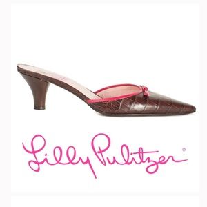 Lilly Pulitzer Brown Croc-Embossed Kitten Heel Mules Pink Trim Bow Detail - 7